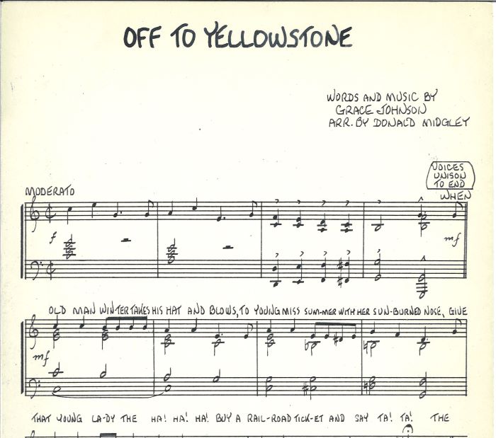 Excerpt from the score for “Off to Yellowstone” by Grace Johnson and arranged by Donald Midgley, scanned from the Yellowstone Research Library Collection. excerpt of the musical score “Off to Yellowstone”