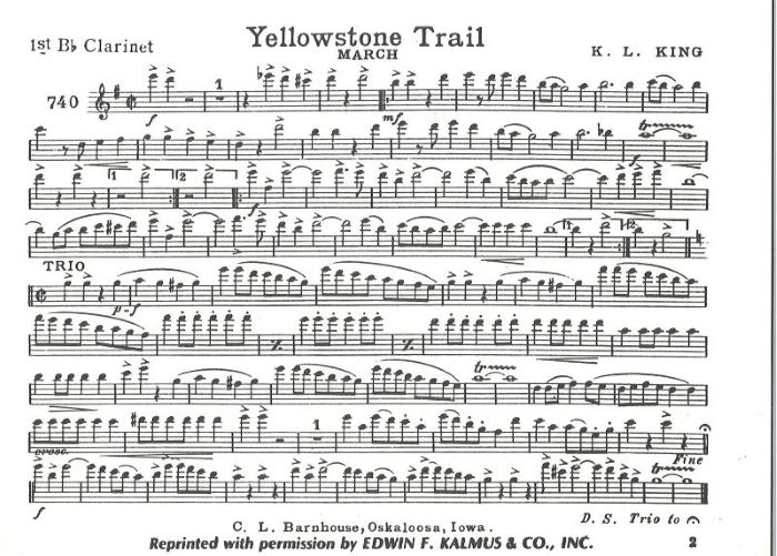 Score for the 1st B-flat Clarinet part of “Yellowstone Trail” by Karl King, scanned from the Yellowstone Research Library Collection. sheet music for the B flat clarinet part of “Yellowstone Trail”