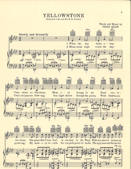 Excerpt from the score for “Yellowstone” by Gene Quaw, scanned from the Yellowstone Research Library Collection. first page of the score “Yellowstone