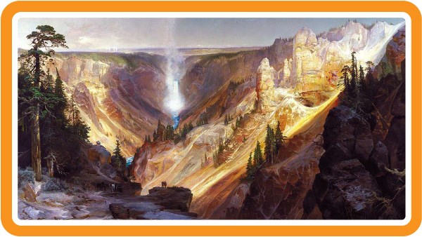 Painting of the Lower Falls of the Yellowstone River and the surrounding canyon.
