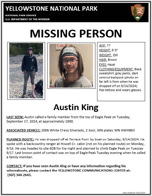 A missing person sign with images of a young man with long brown hair and glasses.