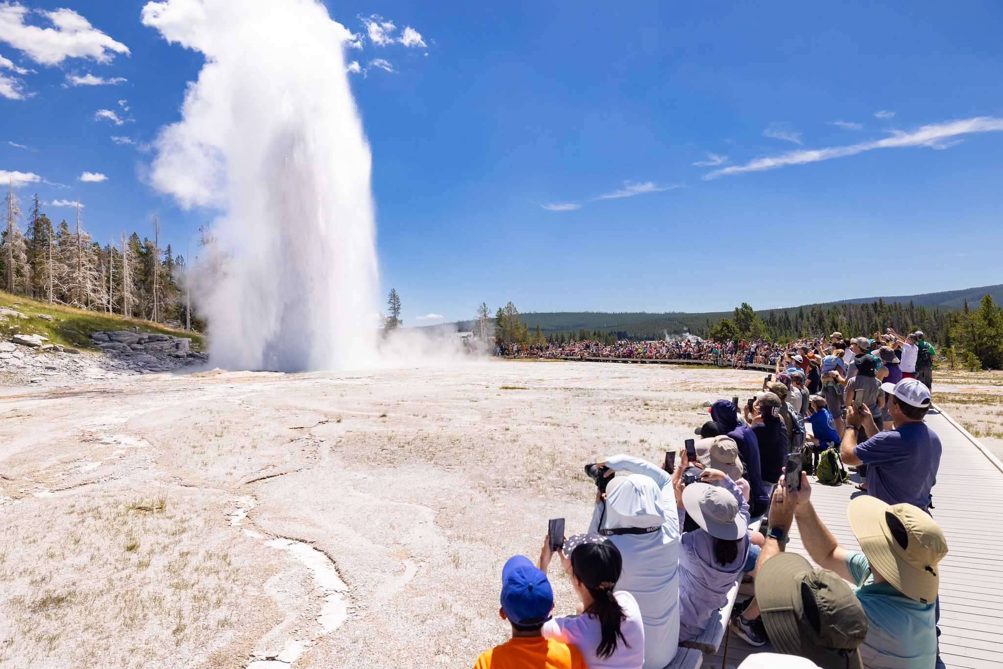 a crowd of people watching a geyser erupt water and steam into the air on a summer day