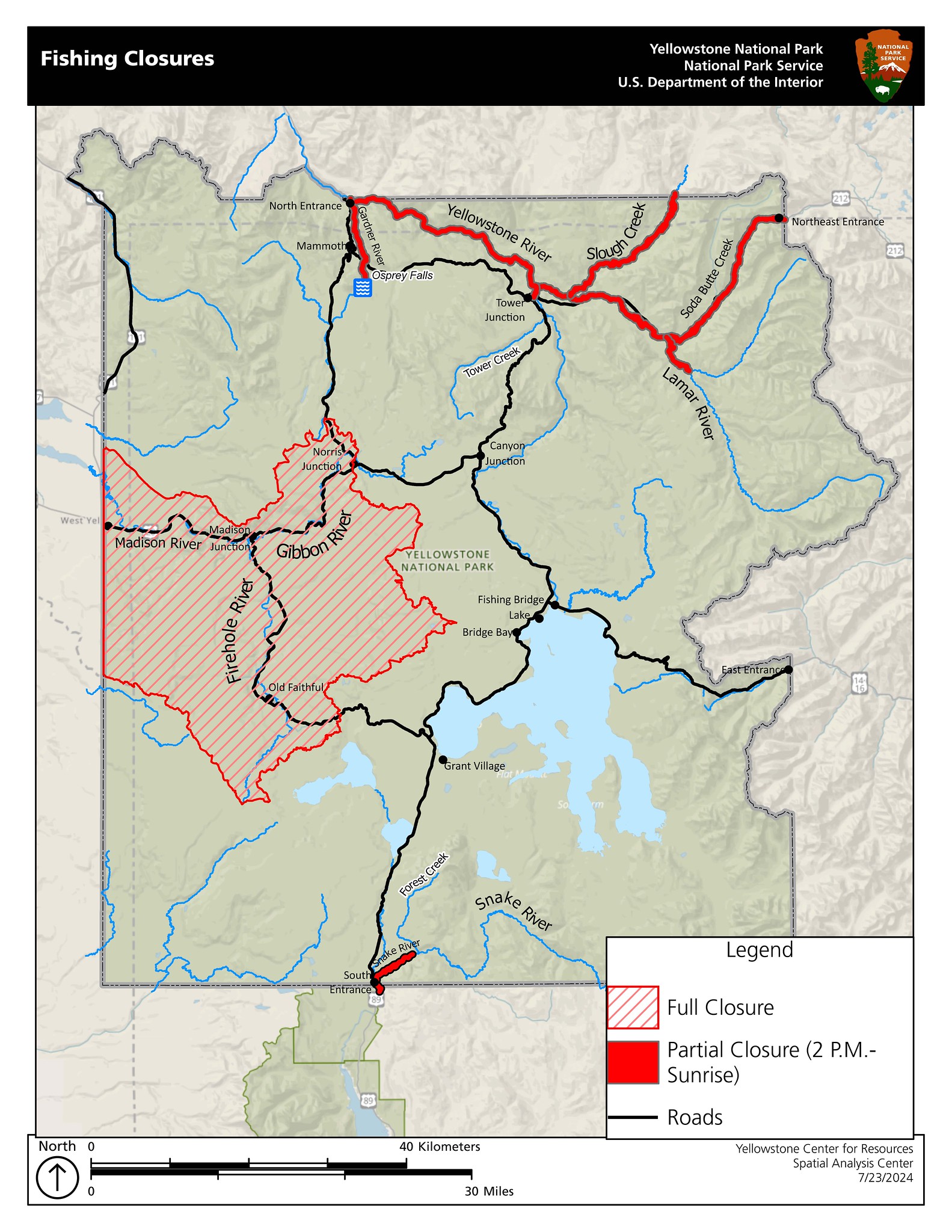 a map of Yellowstone with red markings to indicate which rivers are closed to fishing