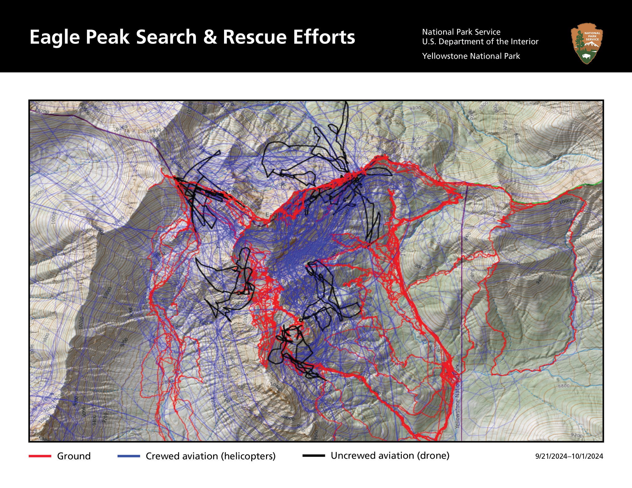 a topographic map of a mountainous terrain with varying colored lines indicating search efforts by ground and air