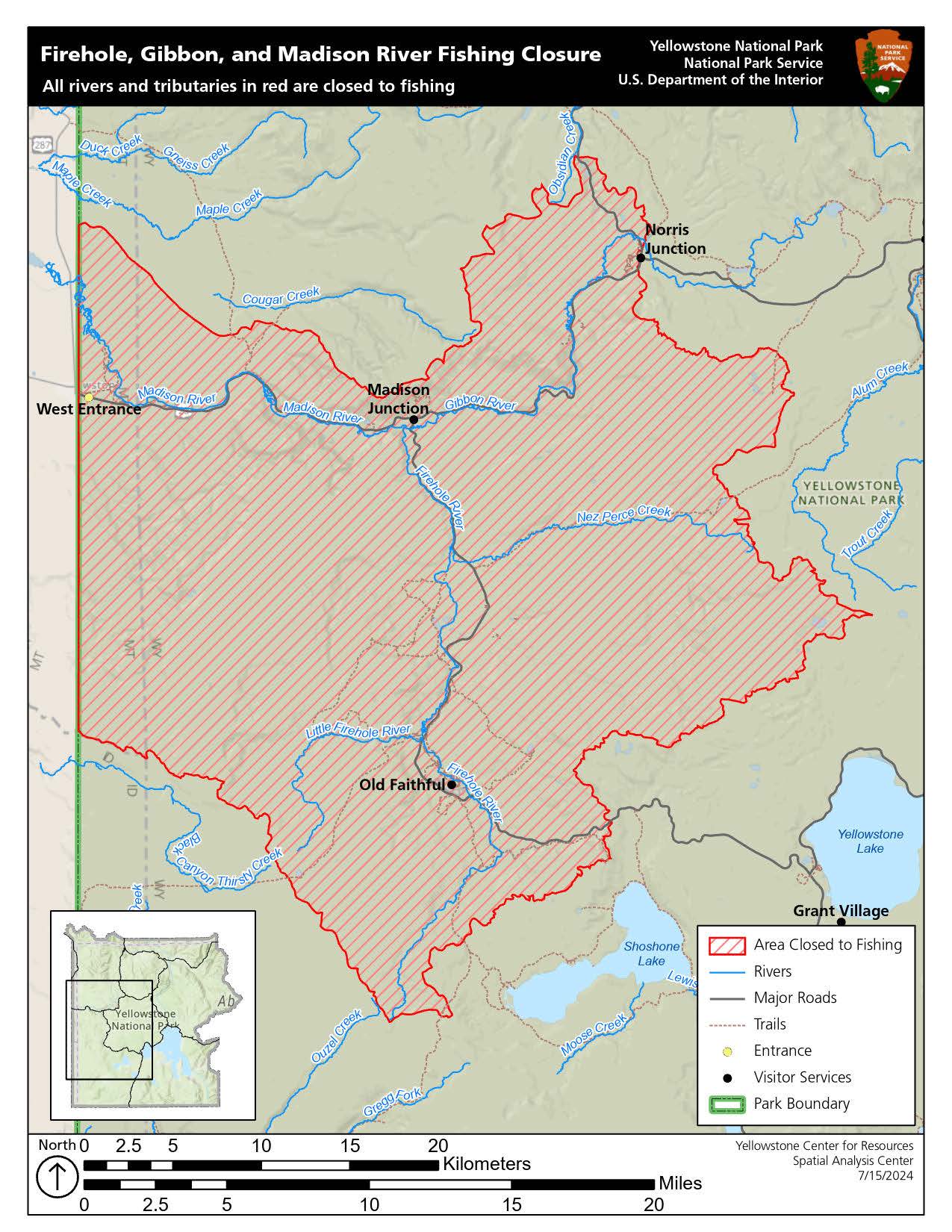 a map of Yellowstone National Park with red markings indicating rivers currently closed to fishing