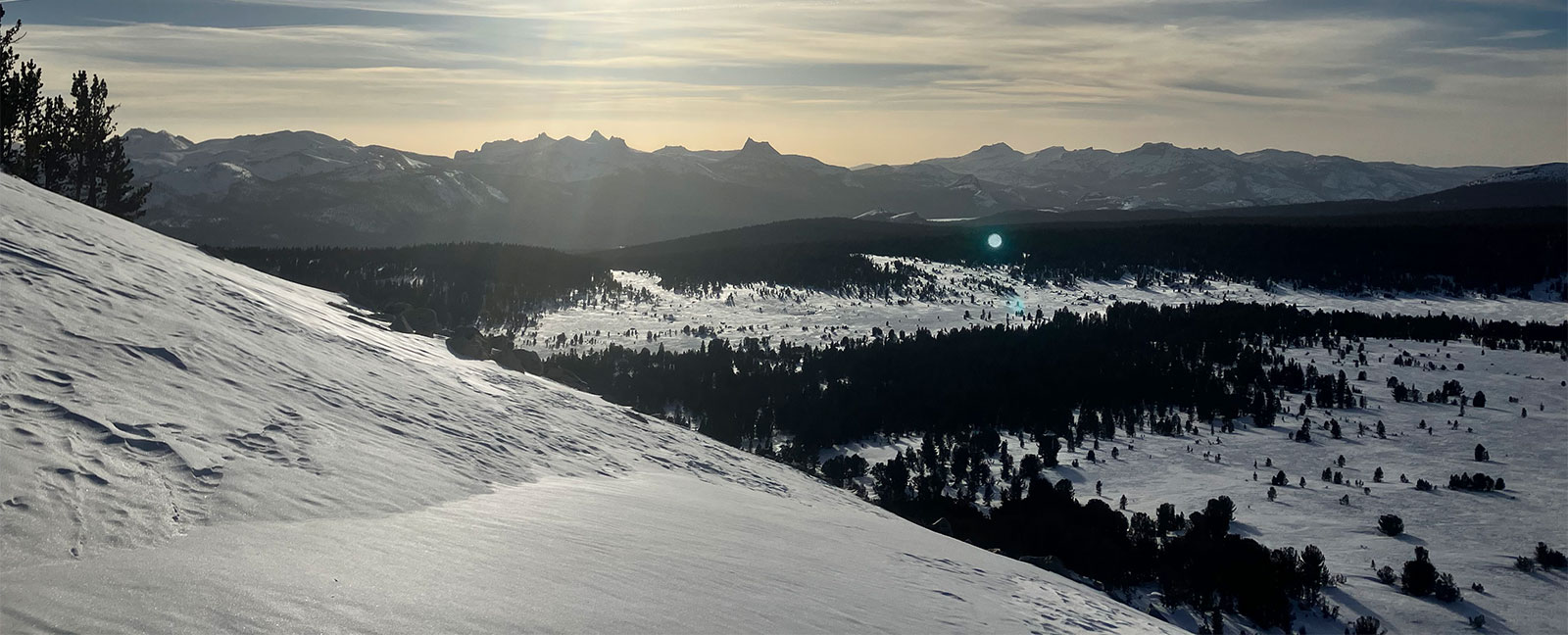 Silhoutte of the Cathedral Range in the setting sun on January 31, 2026.