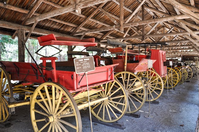 Carretas rojas e históricas del pasado de Yosemite están alineadas para ser vistas por el público.