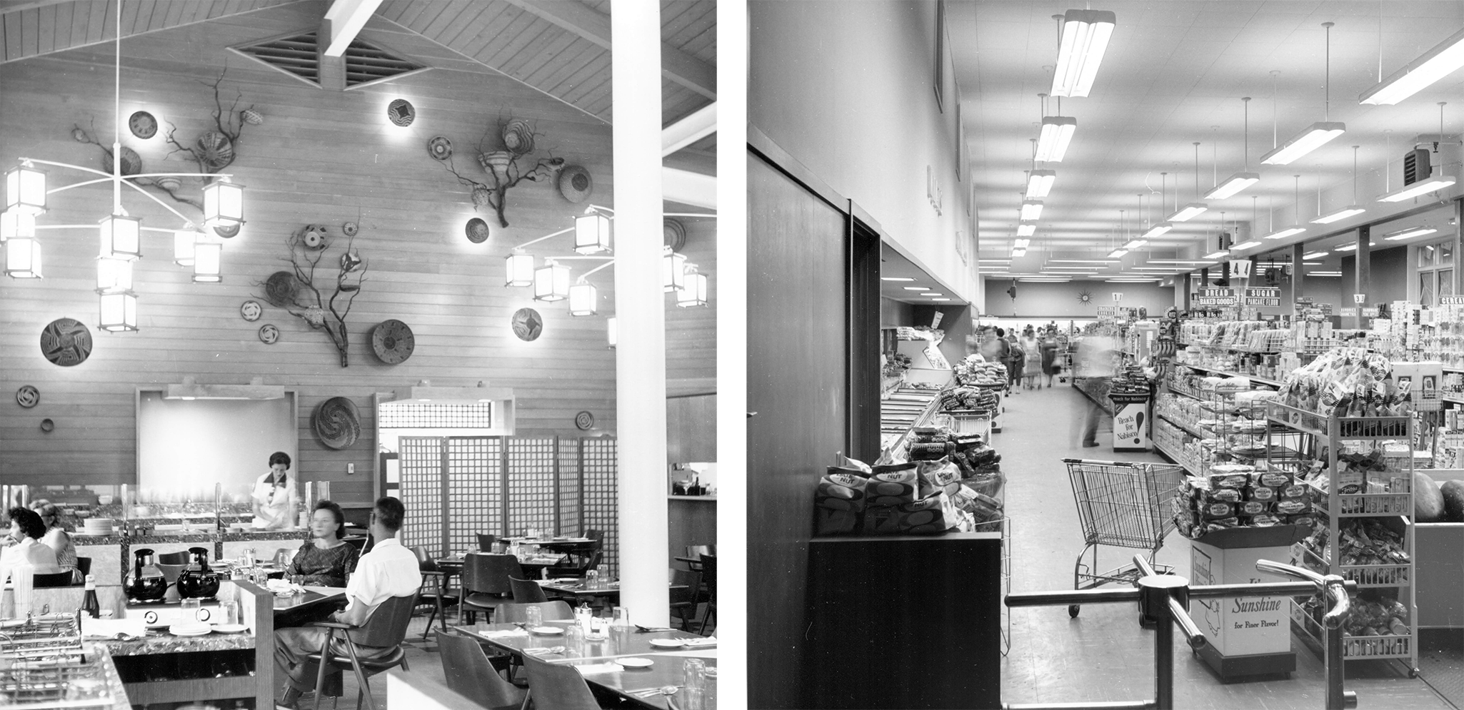 Two images side-by-side showing the interior of a well-stocked grocery store and a high-ceilinged restaurant dining room