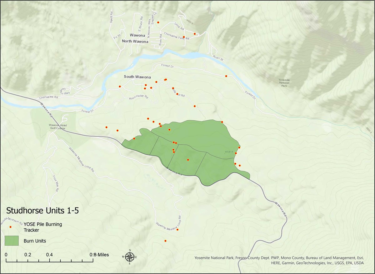 Map showing Studhorse prescribed burn unit directly south of Wawona and north of Wawona Road