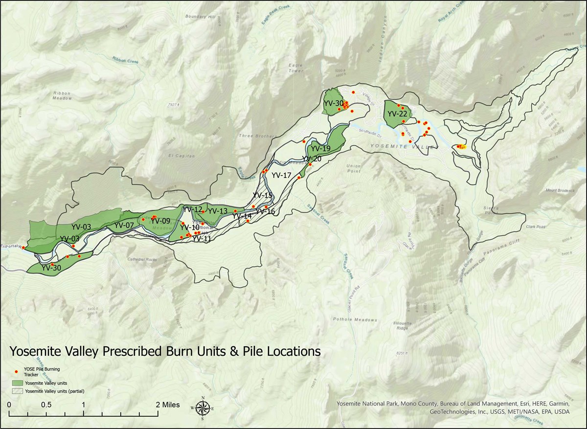 Map showing possible prescribed burn units covering most of western Yosemite Valley and three units adjacent to Yosemite Village.