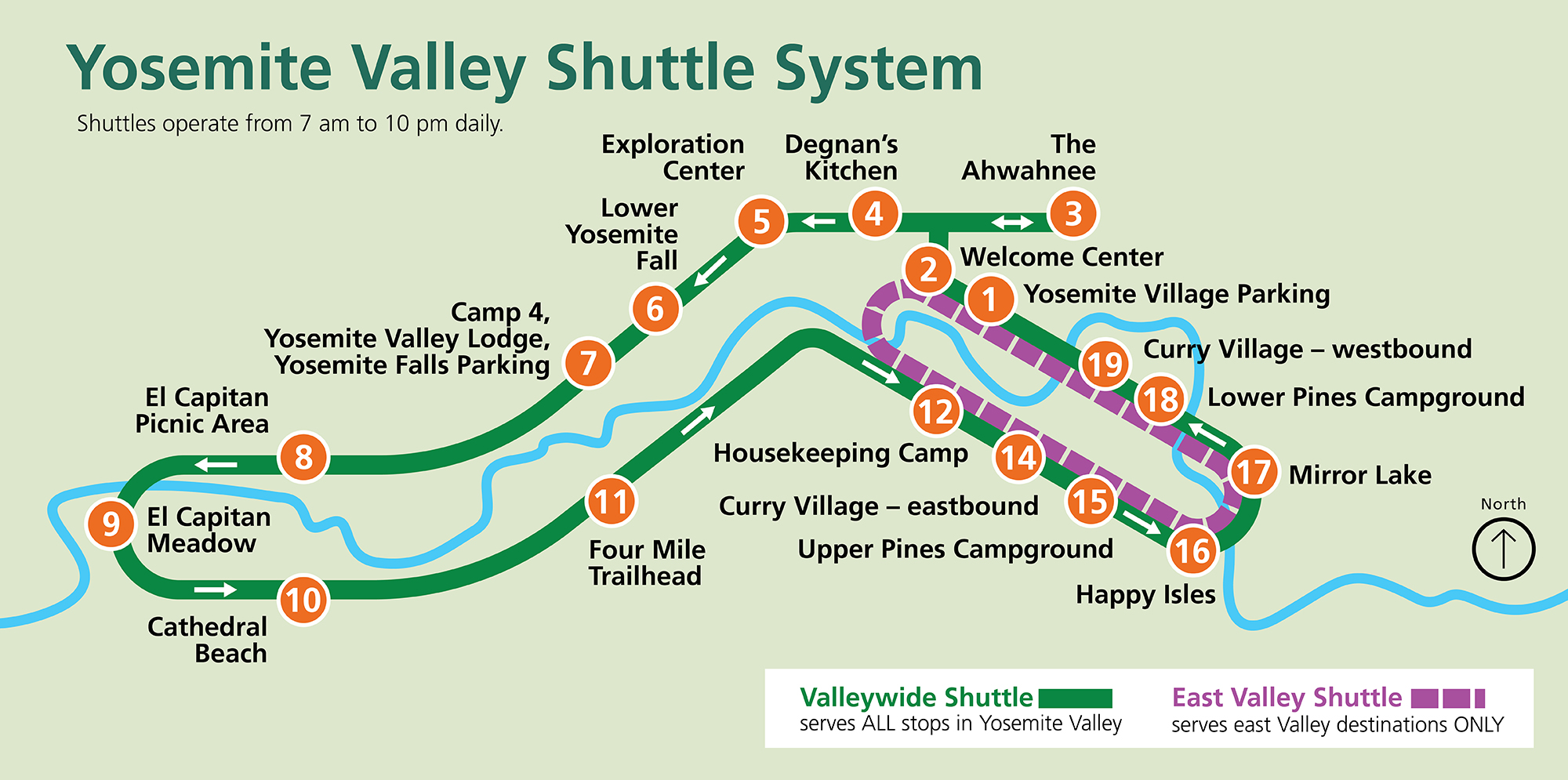A simplified map shows the larger valleywide shuttle route serving stops 1-19, and the east valley route serving stops 1,2, and 12-19.