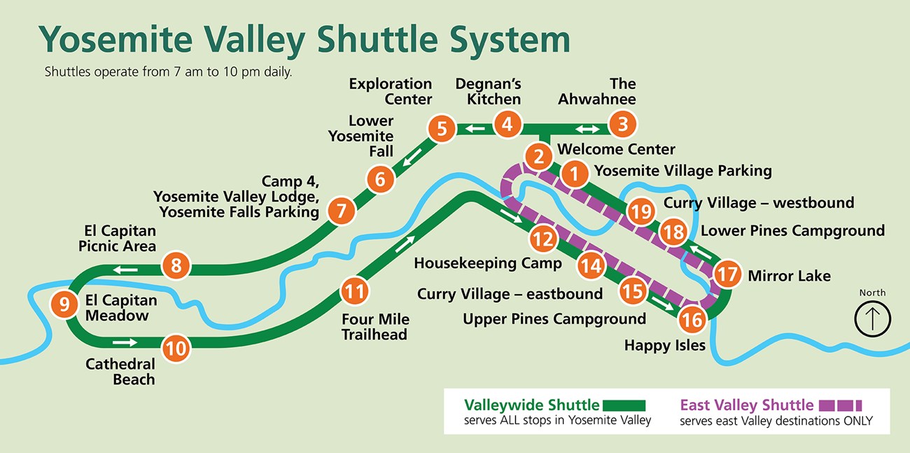 A simplified map shows the larger valleywide shuttle route serving stops 1-19, and the east valley route serving stops 1,2, and 12-19.