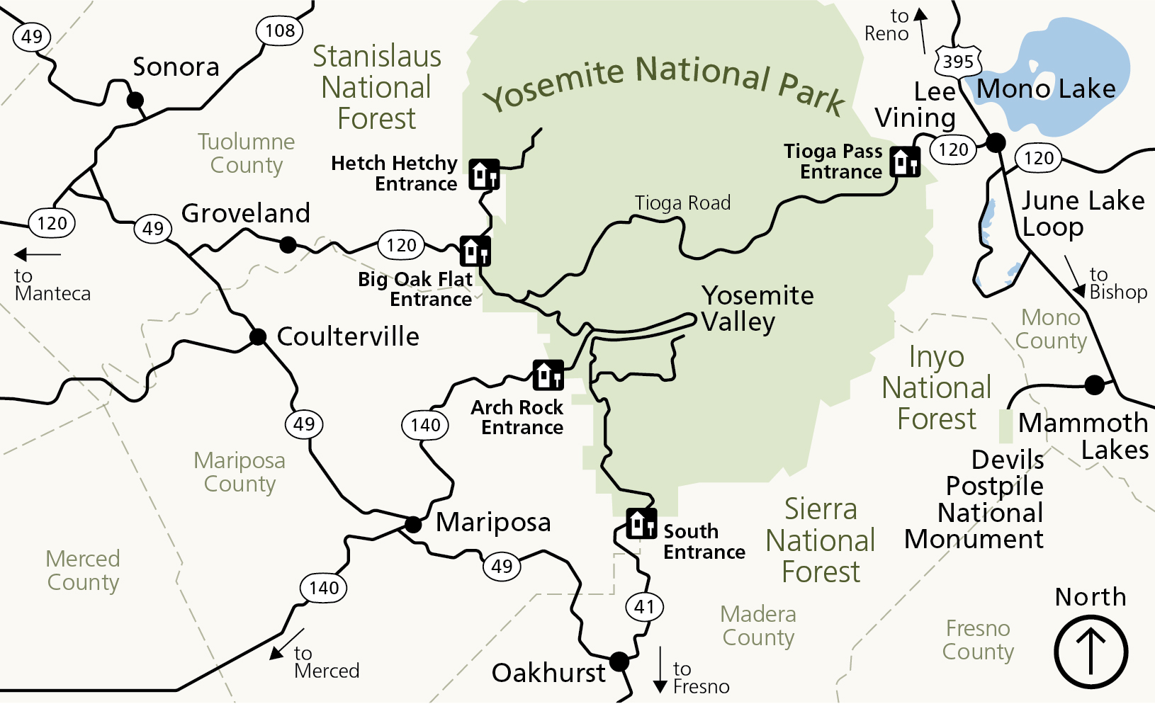 Map showing the greater Yosemite region, highlighting communities along Highways 41, 140, and 120