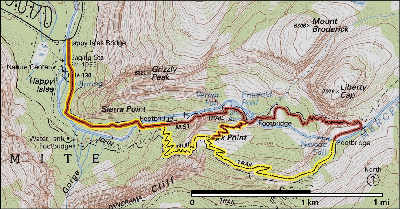 Vernal and Nevada Falls trails Map showing trails to the tops of Vernal and Nevada Falls, a series of loops that gain at least 2,000 feet (to Nevada Fall)