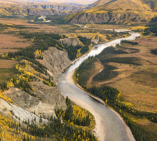 Aerial photo of the Charley River during fall colors