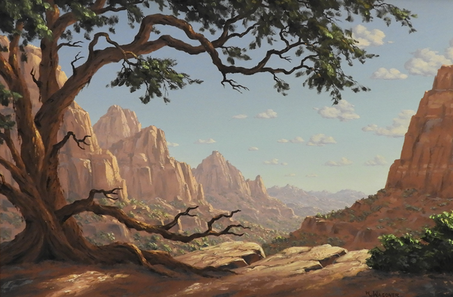 Zion Canyon by William Wagoner High red rock walls of Zion Canyon with a blue sky and gnarled tree in the foreground.