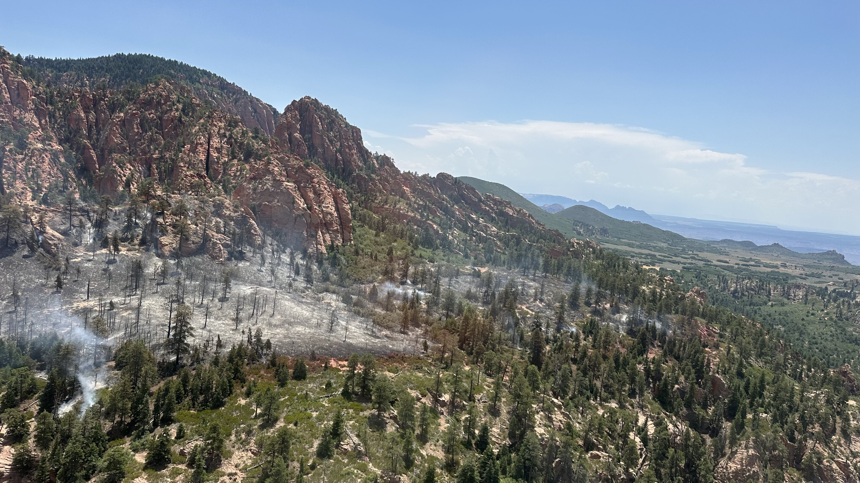 Smoke and dead trees on top sandstone cliffs and canyons surrounded by other trees