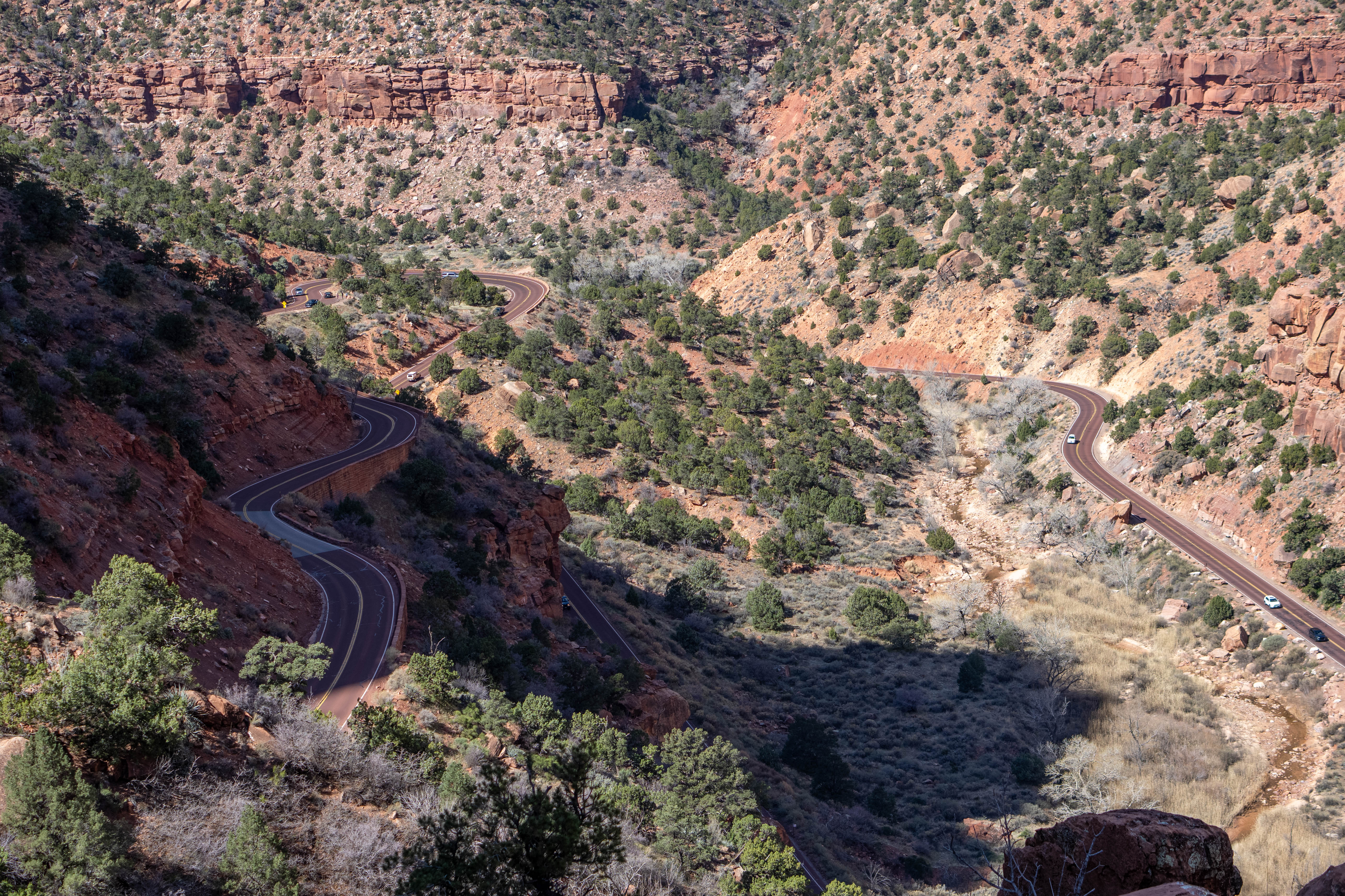 The winding road of Zion Mt. Carmel HIghway against red sandstone cliffs and trees