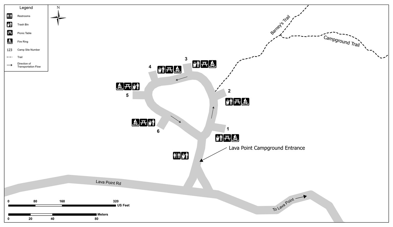 Campground map of 6 campsites and a pit toilet at Lava Point in Zion National Park