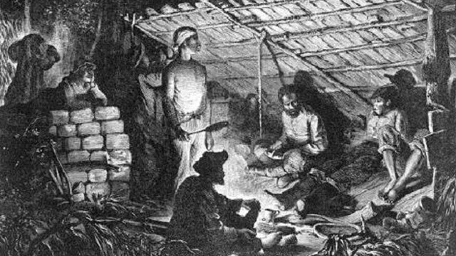 Illustration of maroon community, people sitting around a fire in wilderness