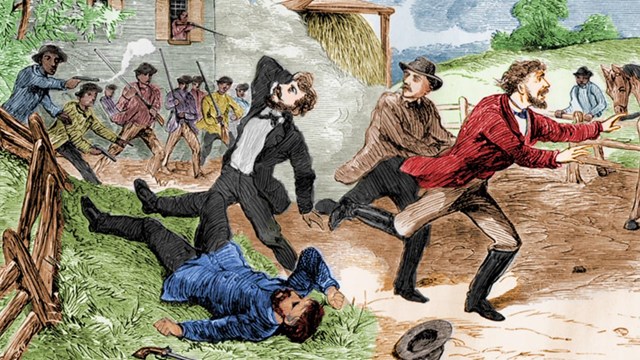 Depicts freedom seekers attacking slave owners to free enslaved people