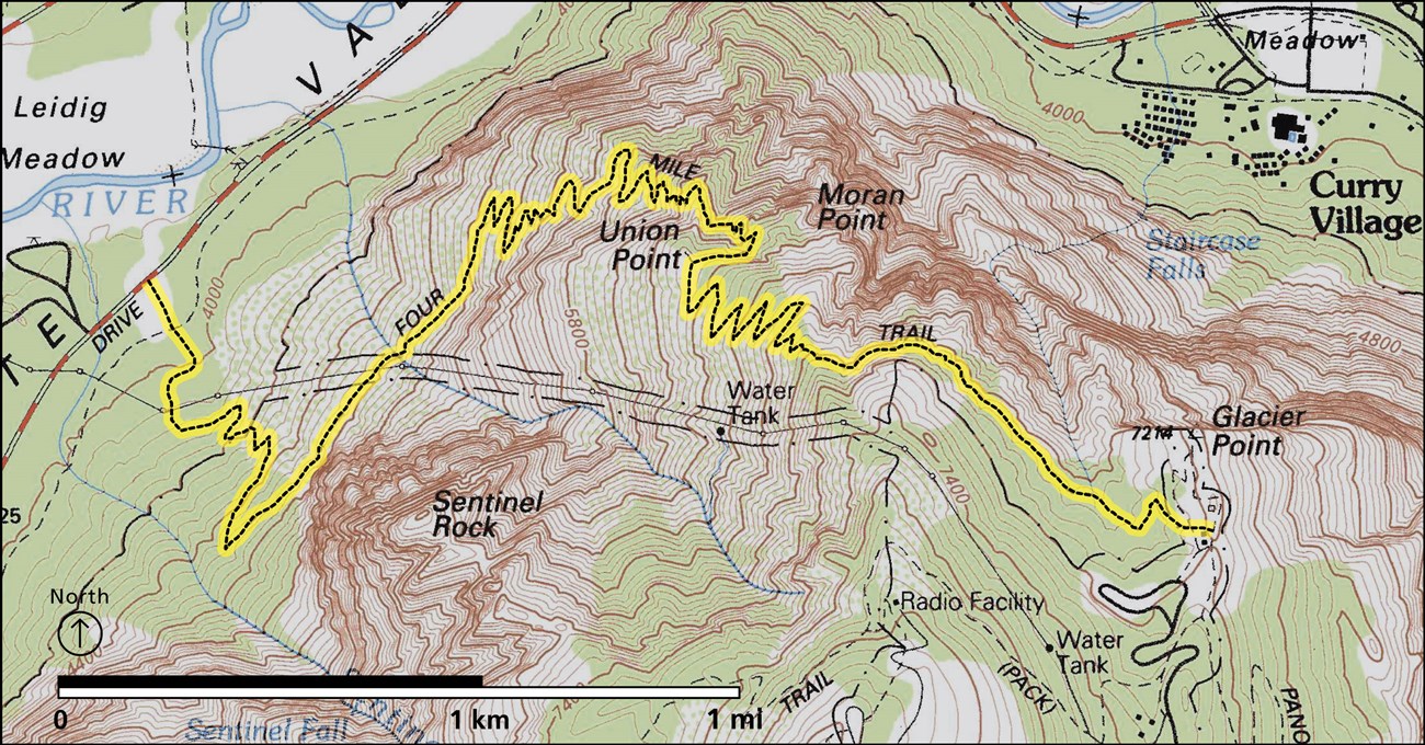 Map showing the Four Mile Trail as it switchbacks repeatedly up to Glacier Point, gaining about 3,200 feet